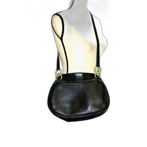 Vintage 90s Guy Laroche Paris Black Pebbled Leather Shoulder Bag Gold Hardware